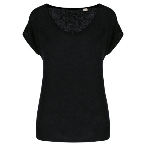 Damen-T-Shirt aus Leinen mit V-Ausschnitt NS321 – Spasso in Black
