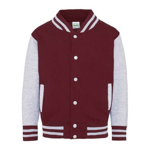 Kids Varsity Jacket – Just Hoods in Burgundy/Heather Grey