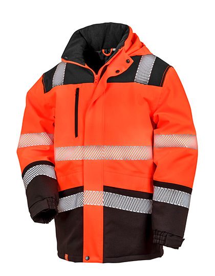 Printable Waterproof Softshell Safety Coat – Result SafeGuard in Fluorescent Orange/Black