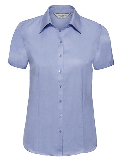 Ladies' Short Sleeve Tailored Herringbone Shirt – Russell Athletic Collection in Light Blue