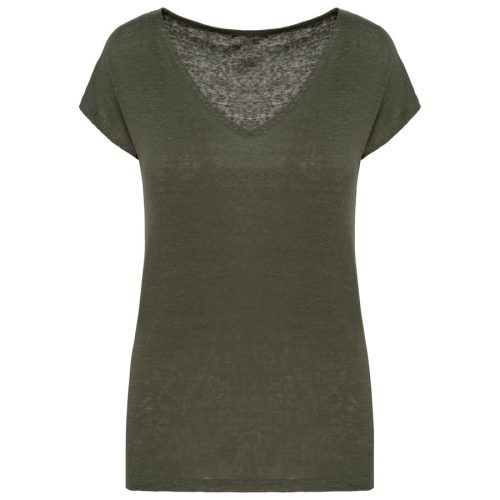 Damen-T-Shirt aus Leinen mit V-Ausschnitt NS321 – Spasso in Organic Khaki