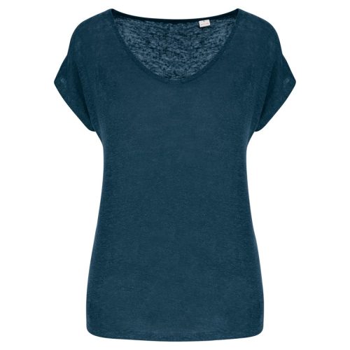 Damen-T-Shirt aus Leinen mit V-Ausschnitt NS321 – Spasso in Peacock Blue