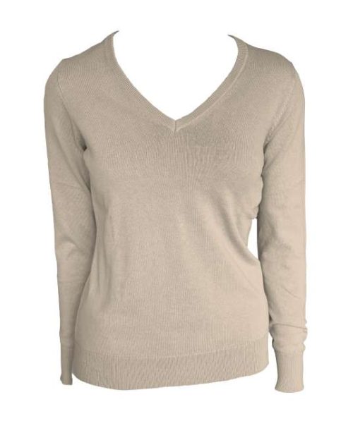 Women’s V-Neck Fine Gauge Cotton Pullover – Legend Classics in Sand