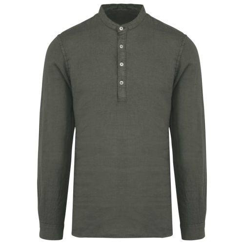 Ausgewaschenes Herren-Hemd aus Leinen mit Maokragen SP507 – Spasso in Washed Organic Khaki